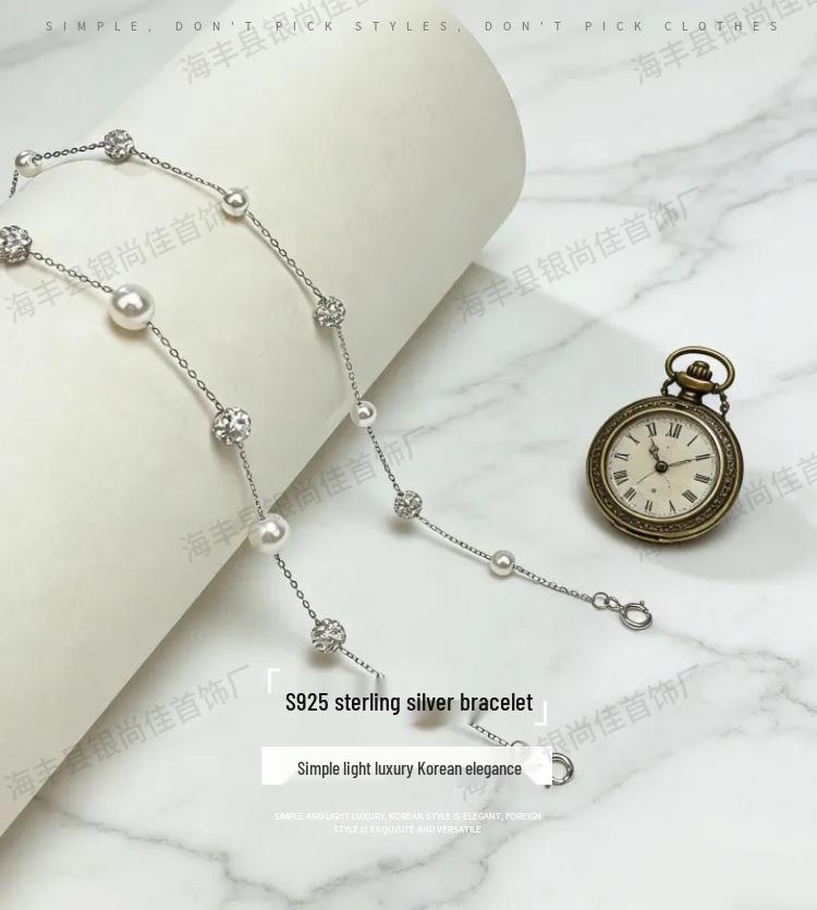 S925 Sterling Silver Sparkle Diamond Ball & Pearl Bracelet - Versatile and Fashionable Full of Stars Design