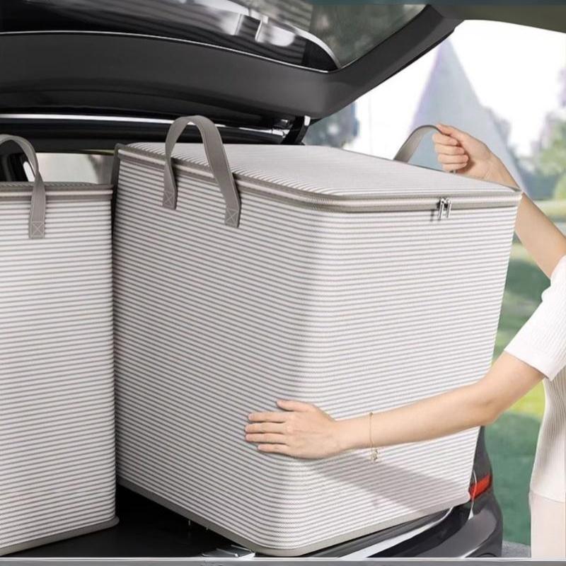Grey Striped Large Capacity Zipper Storage Bag Dustproof Portable Pouch for Home Bathroom Towel Classification Organization