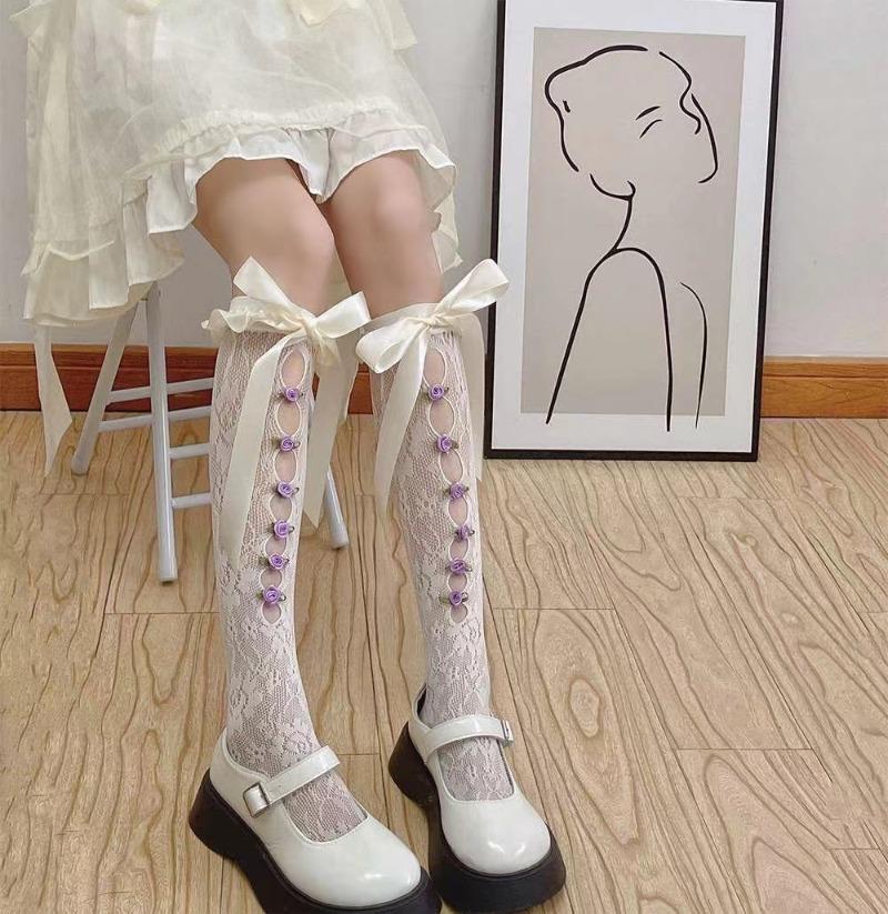 Women Sexy Lace Mesh White Black Fishnet Knee High Long Socks Lingerie Cute Gothic Style Ruffles Hollow Bow JK Lolita Stockings
