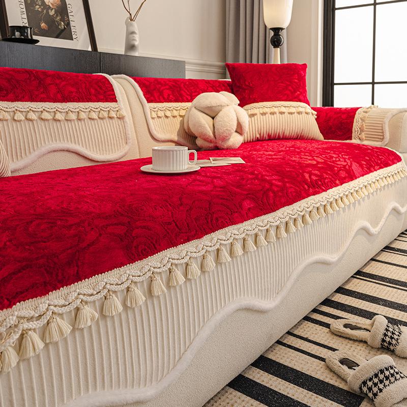 3D Rose Velvet Sofa Cushion Winter Thick Anti Slip Sofa Cover Towel Light Luxury One-piece Splicing Tassels Modular Sofa Cover