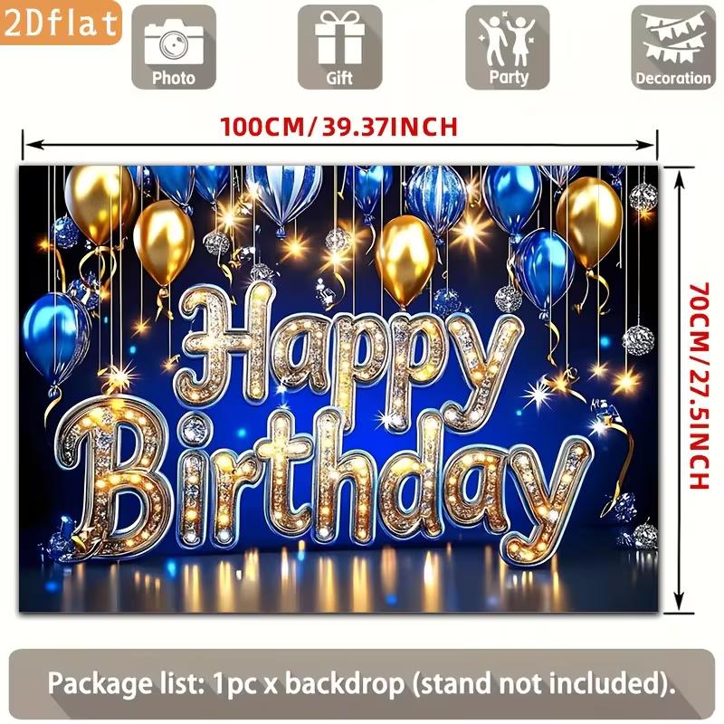 2D Blue Gold Happy Birthday Backdrop, Glitter Balloon Photography Background for Party