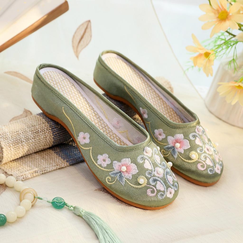 [Cai Xuan] 2025 Summer New Mercerized Satin Slippers Retro Sandals Cheongsam Ancient Hanfu Shoes Women's Single Shoes