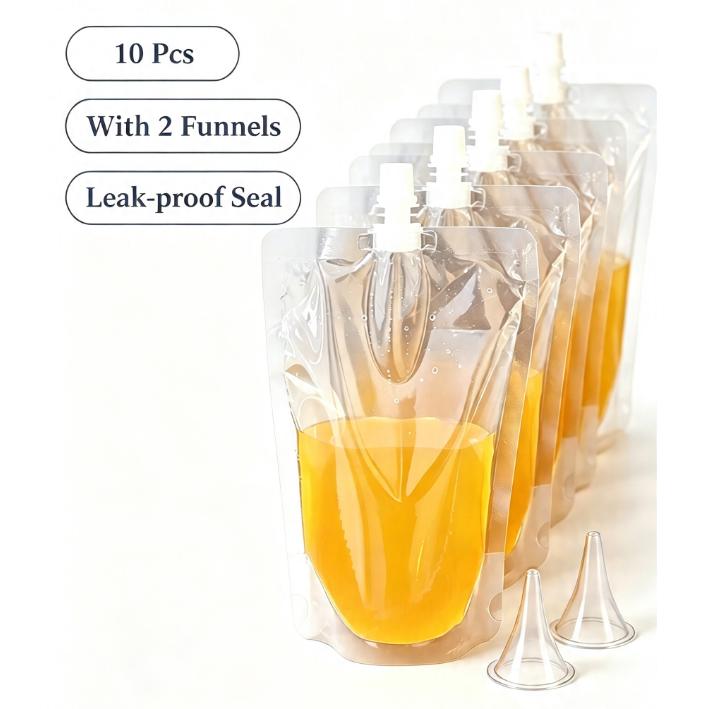 10 Pack Transparent Self-Standing Portable Beverage Pouches with Spout Seal 200ml
