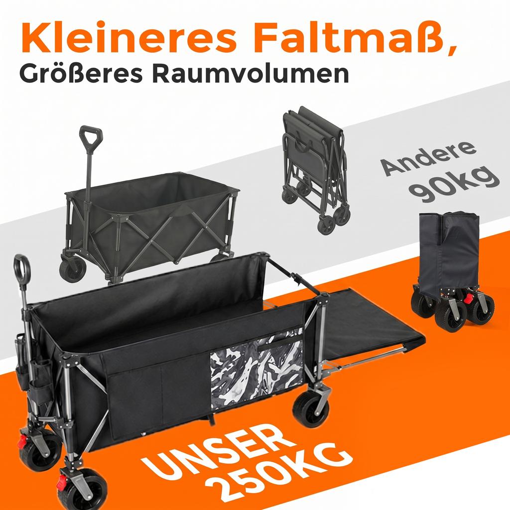 300L+120L Foldable Wagon & Tailgate, 180cm with Extra Wide 17x10 cm All-Terrain Wheels, Ideal for Garden, Shopping, Beach, and Outdoor Use (Black)