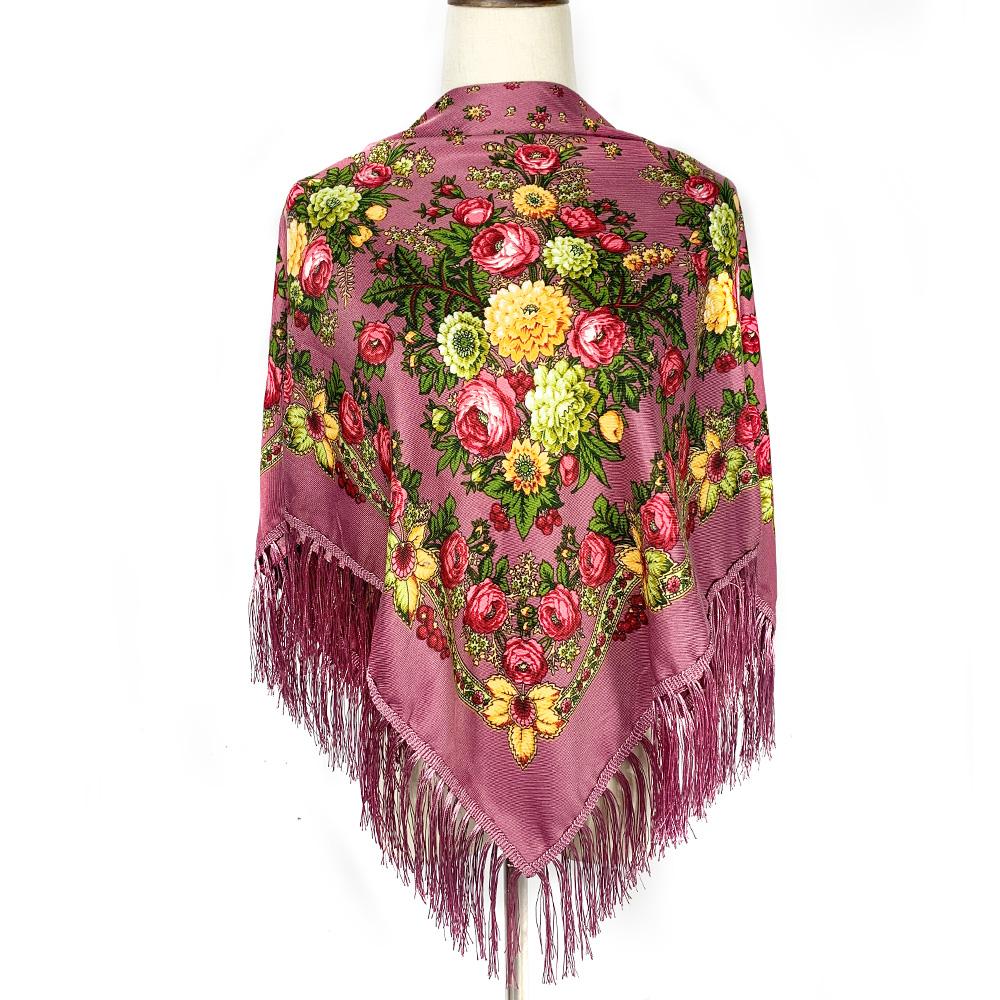 Women Retro Ukrainian Fringed Shawl Babushka Bandana Handkerchief Female Head Wraps Russian Floral Print Square Scarf