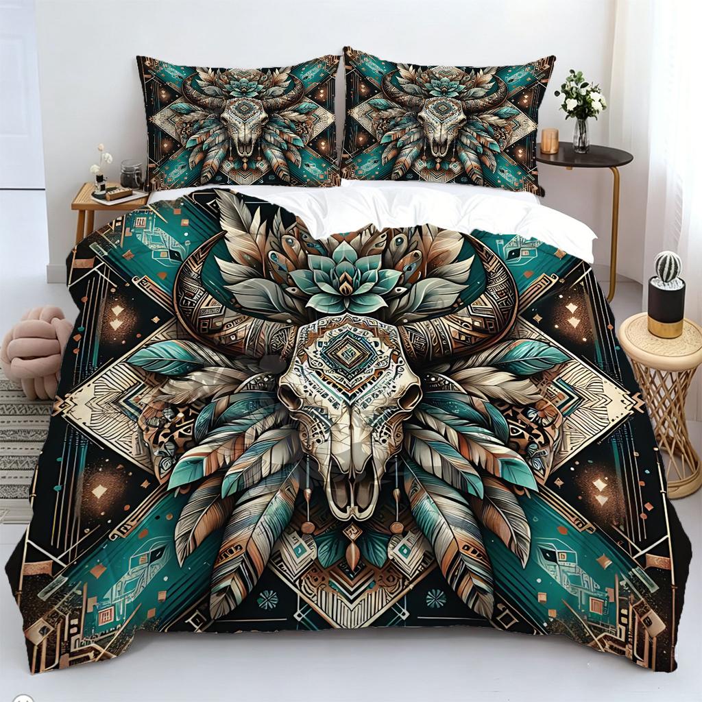 2/3Pcs Bohemian Bull Skull Duvet Cover Set,With Pillowcase Multi Size Bedroom Bedding Decor,Bohemia Rural Style Bedroom Decor