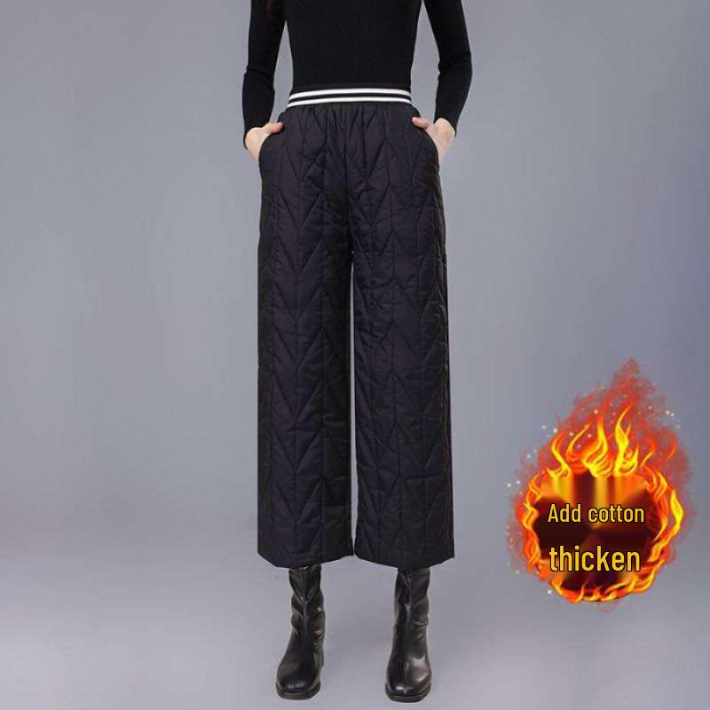 

Women s Winter High Waist Wide-Leg Down Cotton Pants - Thick, Warm, Slimming, and Cropped Plus Size Style 5XL (recommended for 150-160 jin) чёрный