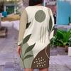 Women Plus Size V Neck Long Sleeve Abstract Printed Fitted Straight Dress