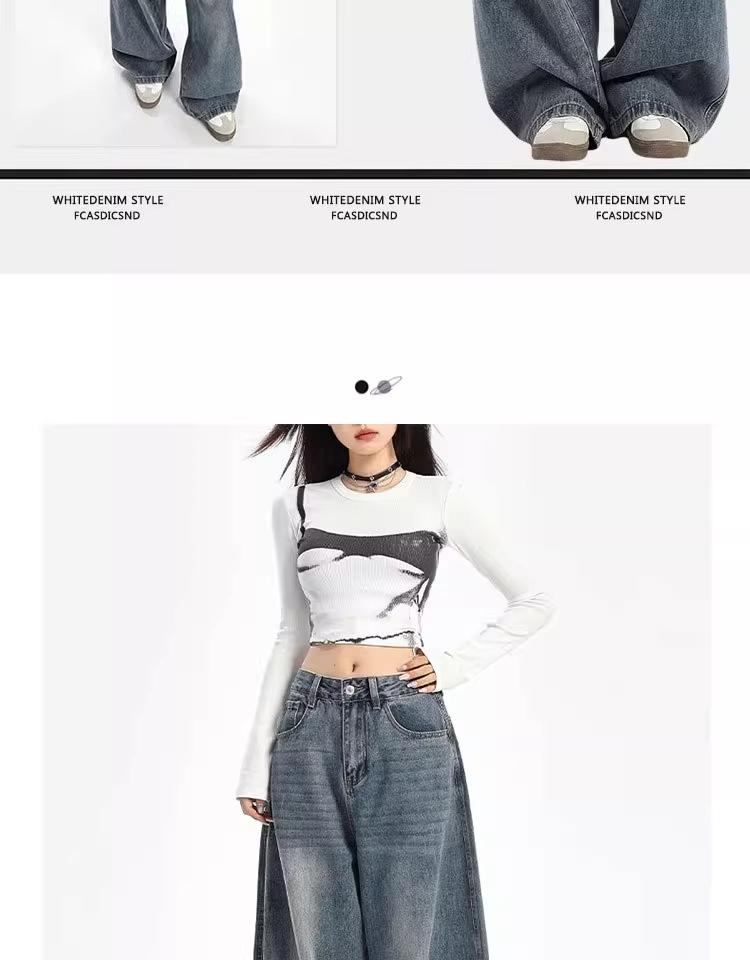 Unisex American Retro High-Waist Wide-Leg Jeans: Spring & Autumn, Loose, Slimming, Drapey, Floor-Length Straight-Leg Style.