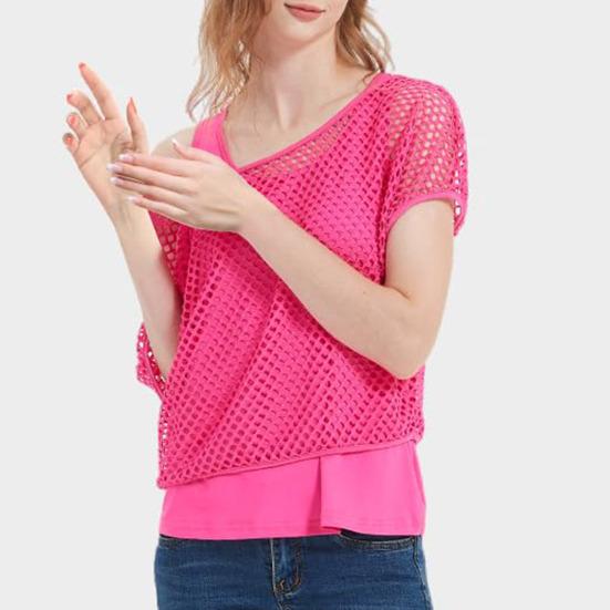 2Pcs/Set Women Mesh Top Vest Set Bright Color O-Neck Short Sleeve Mesh Cropped Tops Racerback Pullover Vest Set