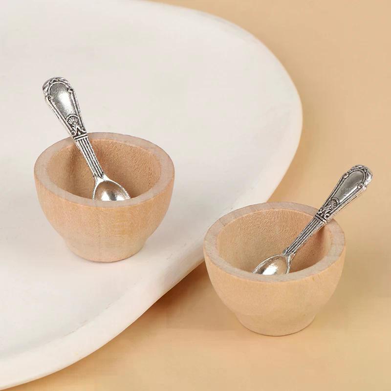 4pc/Set Dollhouse Miniature Furniture Small Wooden Bowl Spoon Model Diy Accessories For Kids