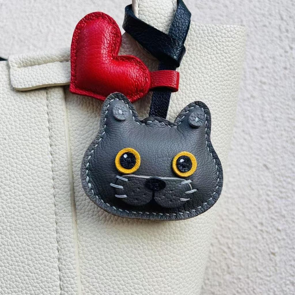 Handmade Grey Sheepskin Leather Cat Keychain - Cute Kitty Bag Charm, Genuine Leather Purse Accessory Gift for Women
