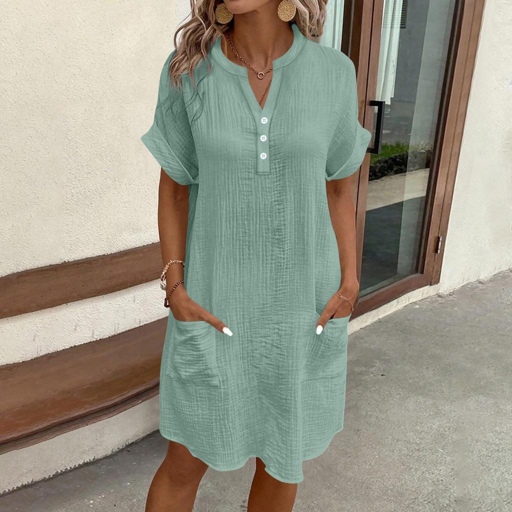 Damen V-Ausschnitt Knopf Kurzarm Kleid mit Taschen Lockerer Schnitt Lässiges Leichtes Tunika-Kleid für den täglichen Gebrauch