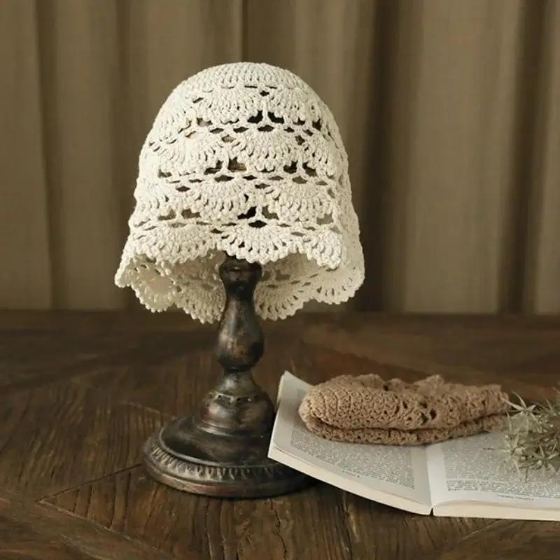 Fashion Solid Color Women Hand-Knitted Hollow Thin Cap Lace Breathable Kerchief Hat Crochet Toe Cap Cotton Thread Hats Gifts