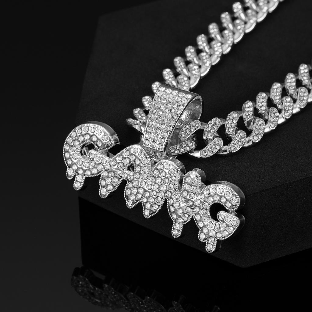 Herren Iced Out Blasenbuchstaben GANG Anhänger Zinklegierung Kristall & Strass Cuban Chain Trendiger Party Streetwear Schmuck