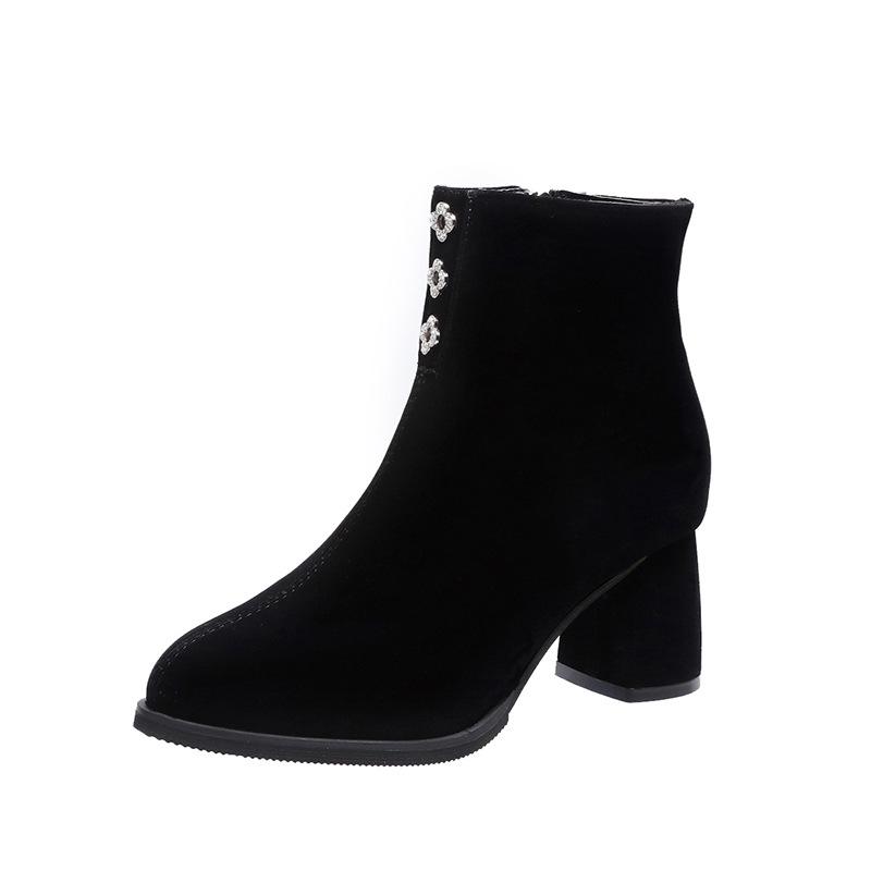 Autumn and winter high heel thick heel round head fashion boots women's metal decorative side zipper short women's boots