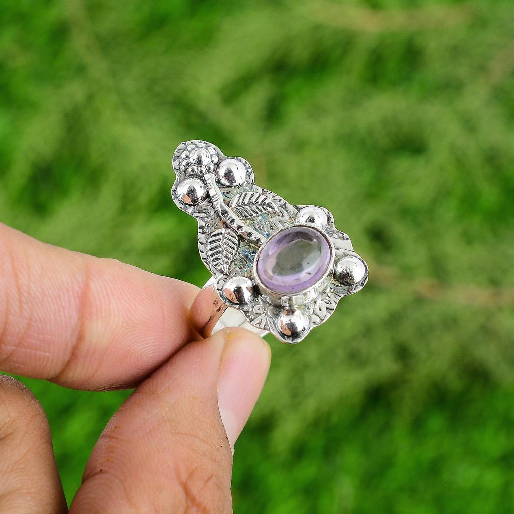 Natural African Amethyst Promise Flower Adjustable Ring 925 Silver For Women