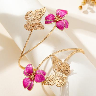 White Butterfly Flower Arm Cuff Metal Enamel Glaze Craft Floral Open Cuff Armlet Spiral Design Gold Color Spiral Arm Bracelet