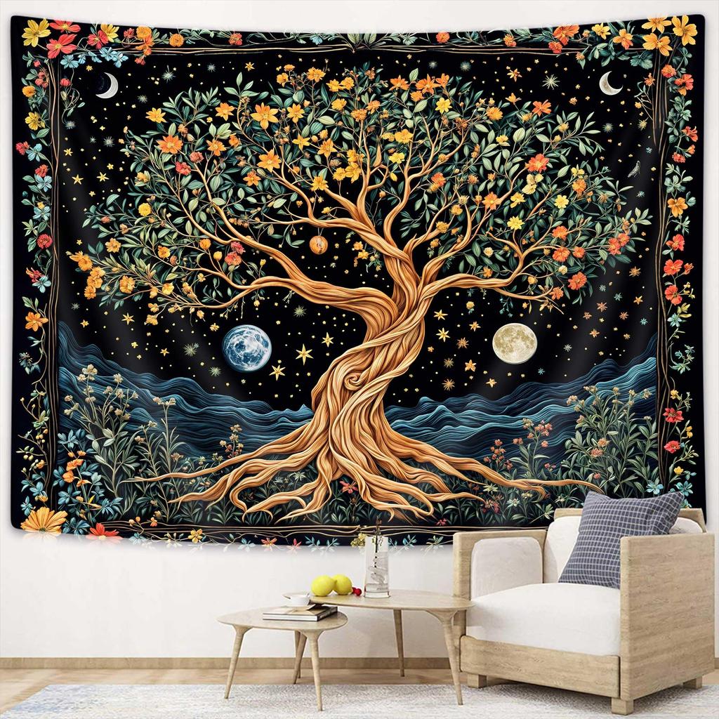 Mid Century Modern Abstracte Kunst Wandkleed, Minimalistisch Salieplant Zon Retro Boho Wandkleed, Geel Wit Bruin Geometrisch