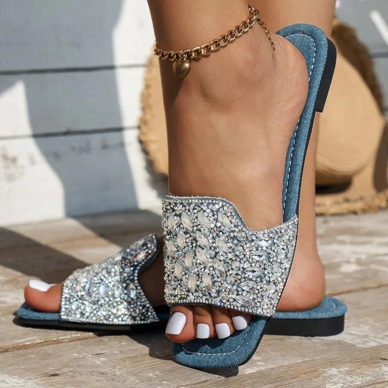 Módní dámské boty 2024 Nové dámské pantofle s otevřenou špičkou, letní flitry, jednobarevné, venkovní, ploché, ležérní, pohodlné, velké velikosti, pantofle