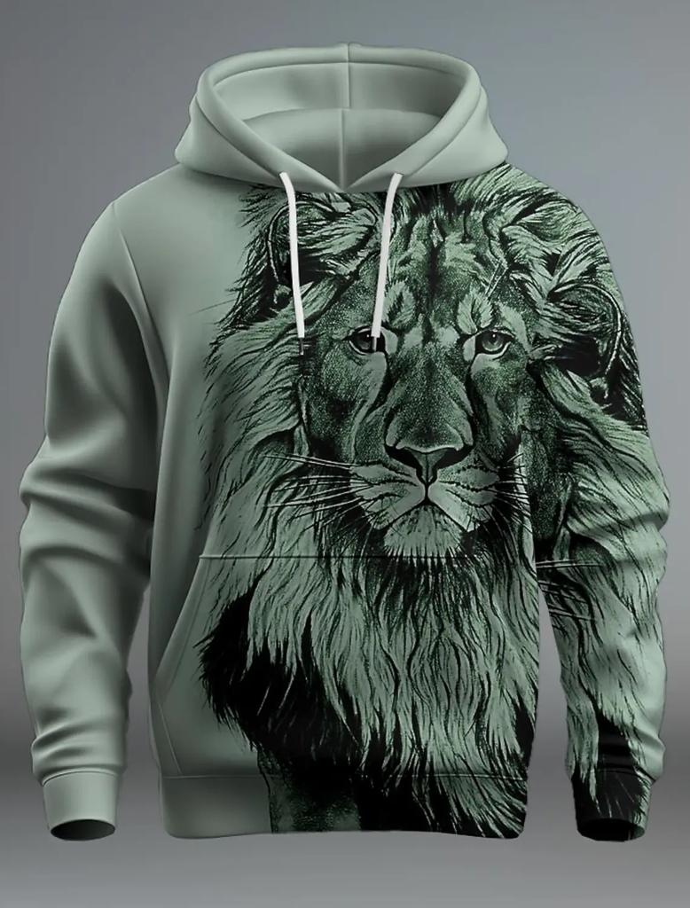 Women's 3D Vintage Realistic Lion Head Print Khaki Hoodie Casual Streetwear Pullover Sweatshirt Soft Comfort Daily Fashion Tops