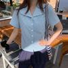 Summer Women Lapel Neck Short Sleeve Plaid Cute Casual Blouse Tops