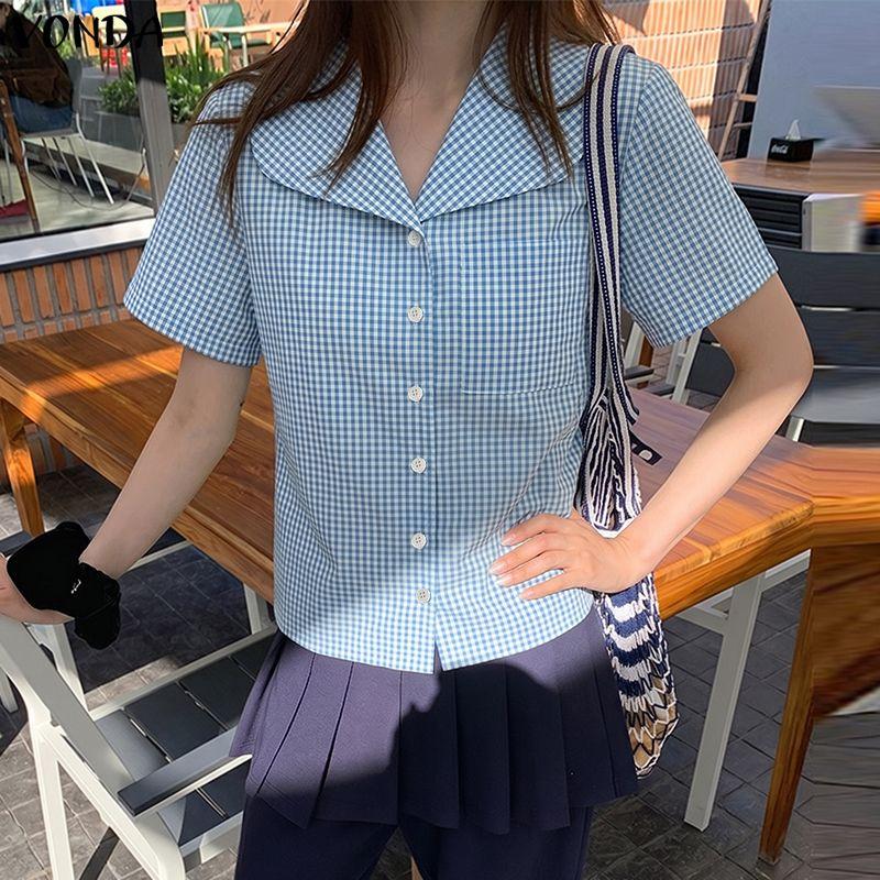 VONDA Summer Women Lapel Neck Short Sleeve Plaid Cute Casual Blouse Tops