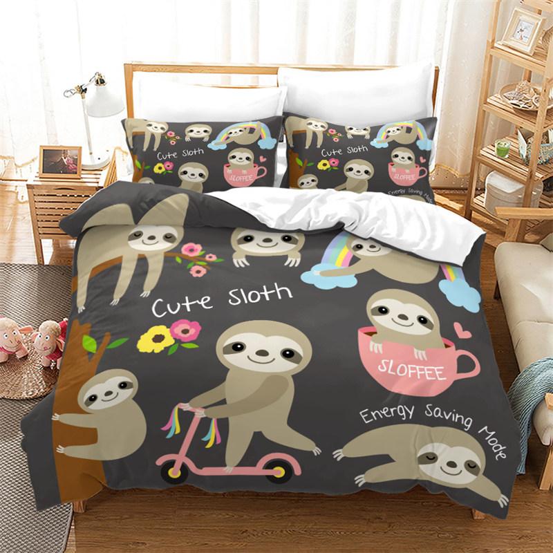 Niedlicher Cartoon Faultier Bettbezug Floraler Blätterdruck Bettwäscheset Für Kinder Teenager Schlafzimmerdeko Blumen Bettdeckenbezug Kissenbezüge
