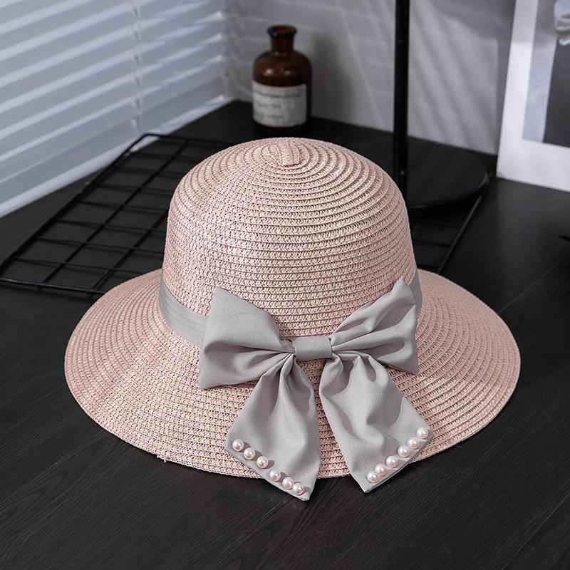 Women's Summer Straw Sun Hat with Wave Brim, Butterfly Bow & Faux Pearl Accents, Beach Hat, Outdoor Travel Vacation Hat