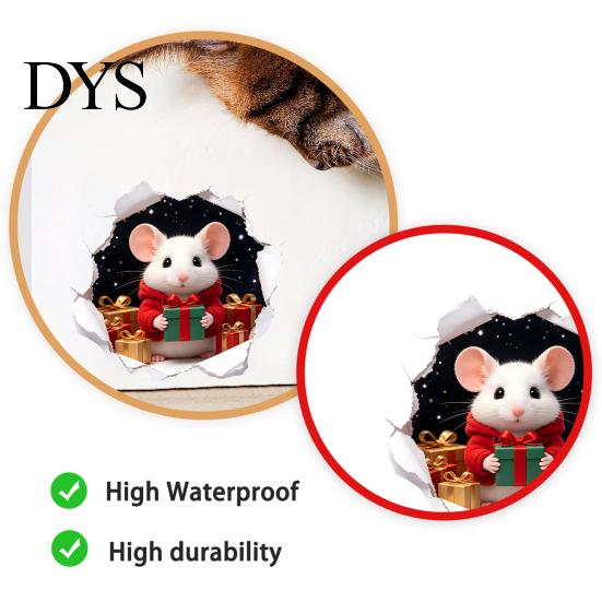 Cute Animal Wall Art 3D Hole Illusion Christmas Mouse Sticker, Peel And Stick Waterproof PVC Festive Atmosphere Coverings Decal for Window Glass,