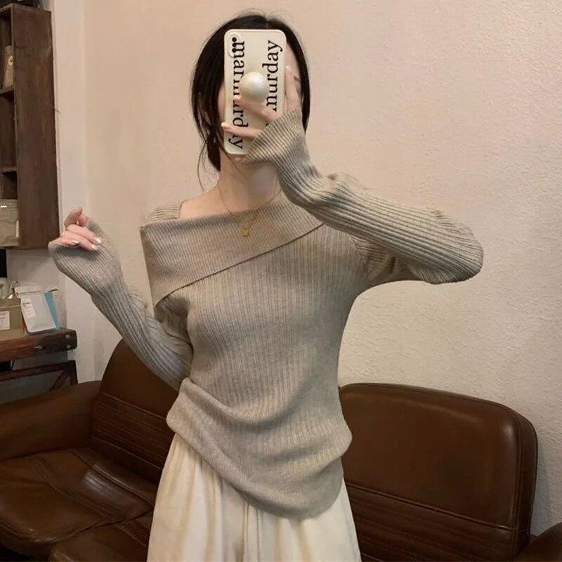 Slash Neck Knitwear Off Shoulder Top Women's Thin Bottomed Shirt Slim Long Sleeve Hotsweet Casual Commuting New Fashion