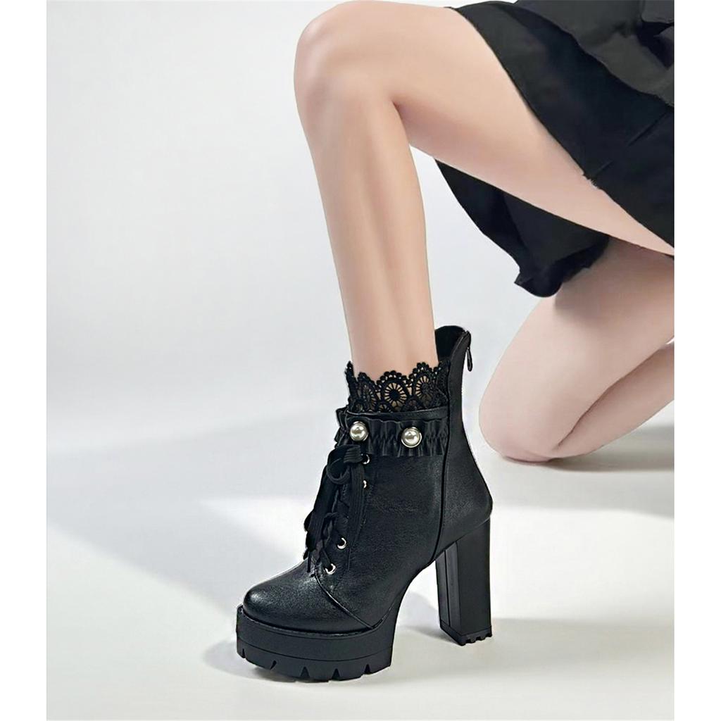 FOREADA Women Ankle Boots Round Toe Thick High Heels Pearl Zipper Lace-up Platform Short Boots Ladies Fashion Shoes Autumn Winter Black