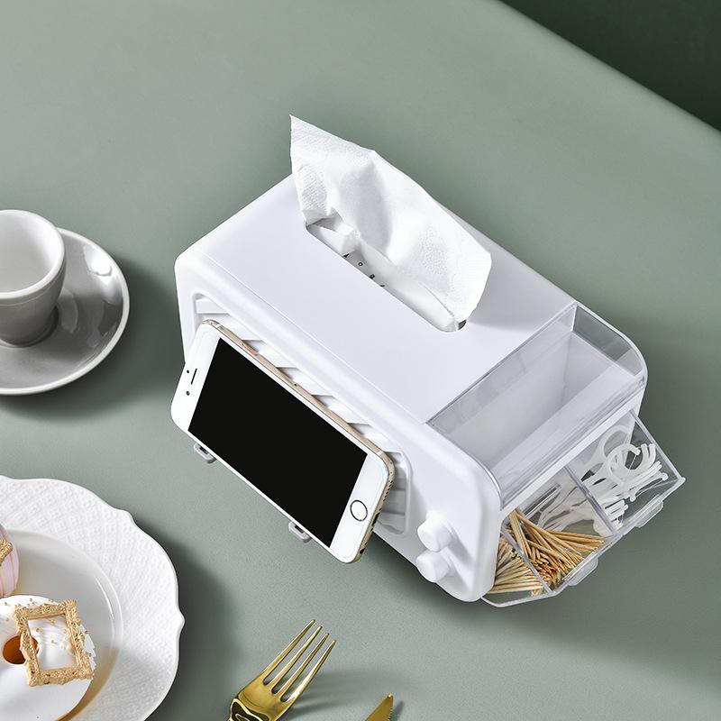 

Ящик для зберігання ватних паличок і зубної нитки, багатофункціональний ящик для серветок, ящик для серветок у вітальні, тримач мобільного телефону, пружинний ящик для серветок білий