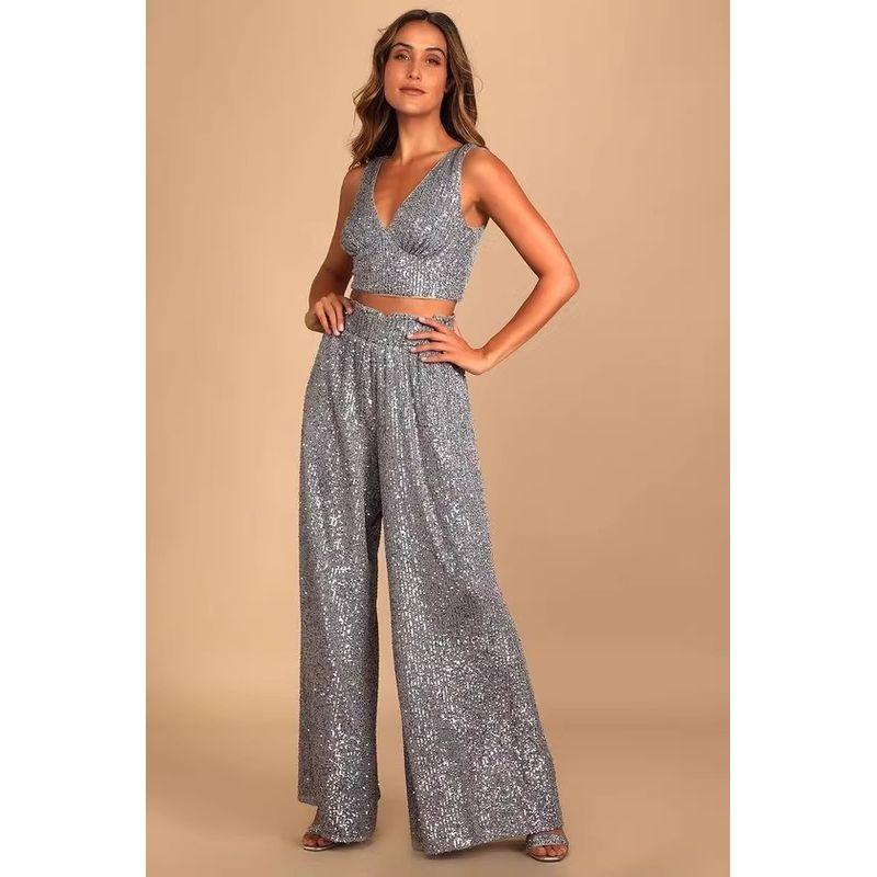 

Заказ внешней торговли Lu Домашняя сцена Вечеринка Бусины Блестки Эластичная талия Высокая талия Удобные Брюки широкие от бедра Брюки с блестками Женские Silver (Suit) XL