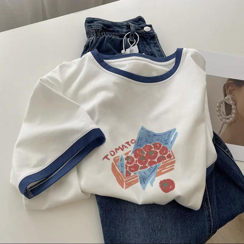 

Pure cotton shoulder short-sleeved white t-shirt women s summer design sense niche contrasting color Hong Kong flavor chic top with base S