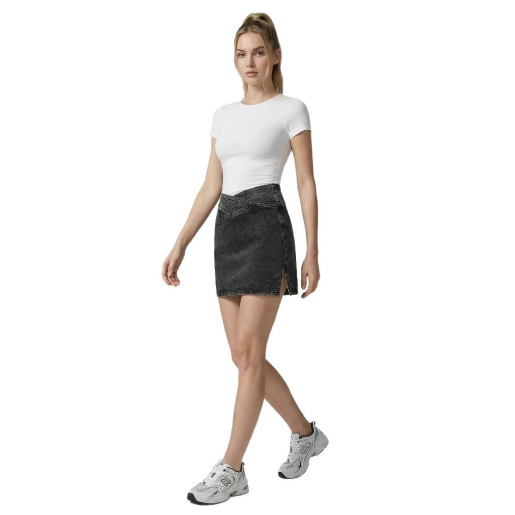 Stylish High-Waist Slit Faux Denim A-line Mini Skirt