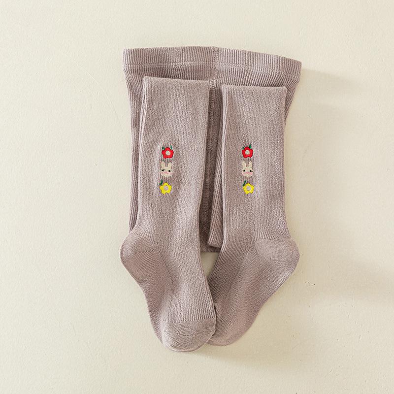 2025 Kids' Spring/Autumn Cotton Leggings - Cute Solid Color Embroidered Tights for Girls