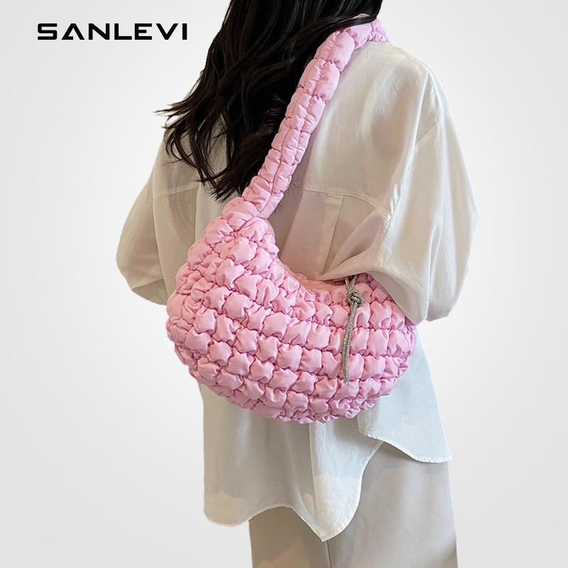 

2025 Pink Korean Style Pleated Crossbody Puffer Bag - Large Capacity Shoulder Tote for Women білий