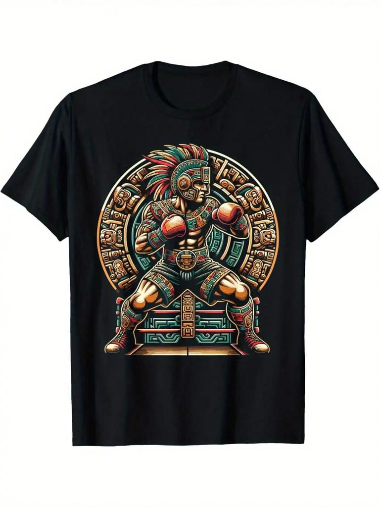 Mens Boxing Graphic TShirt Short Sleeve Cotton Blend Casual Fit Vibrant Mexican Warrior Design Black Machine Washable