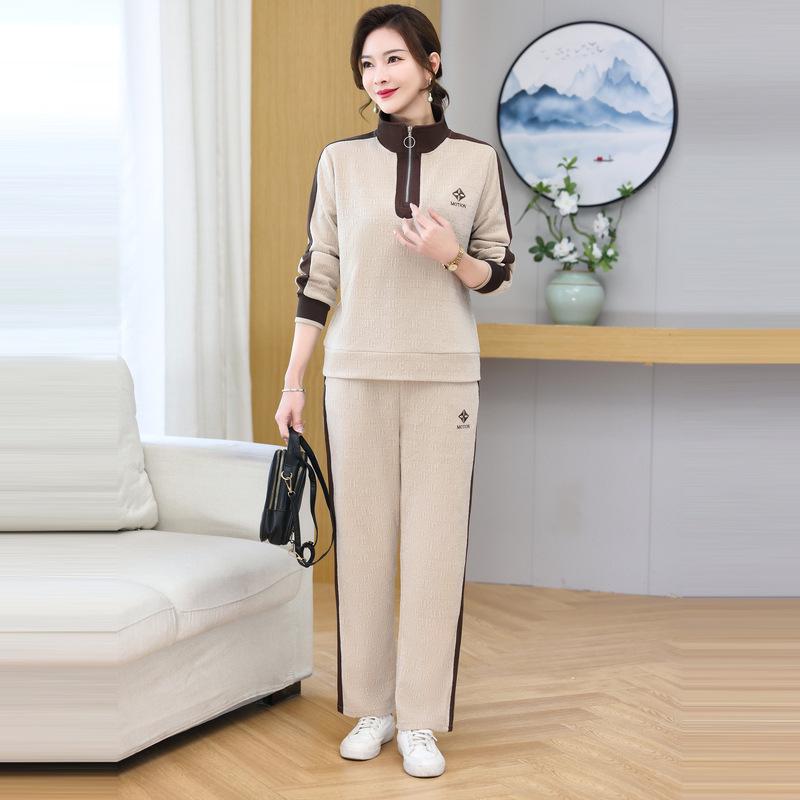 

Весенне-осенний модный женский повседневный костюм-двойка для женщин среднего и пожилого возраста XXXL for 125-135 jin абрикосовый