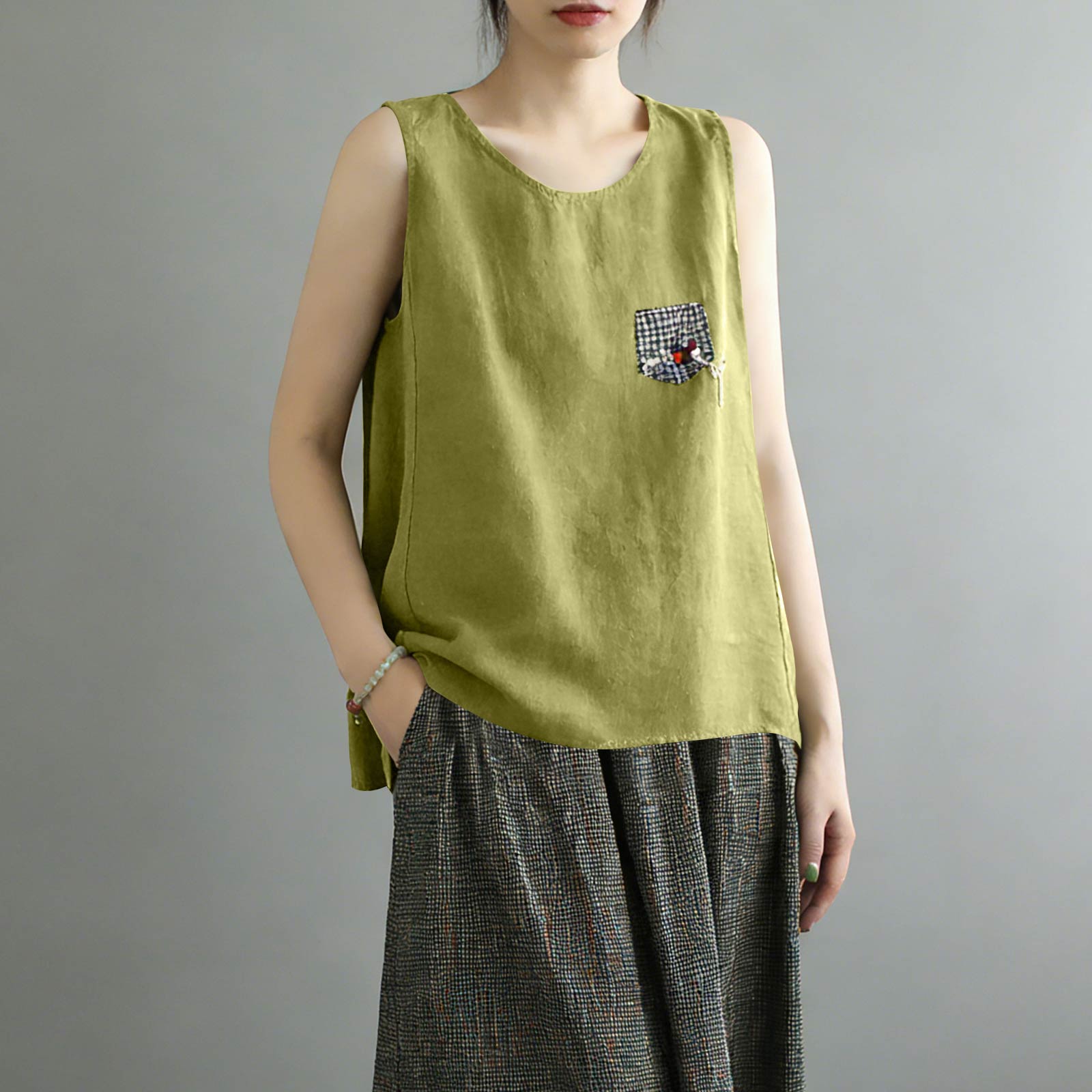 Women s Loose Fit Cotton Linen Blend Tank Top Sleeveless Outerwear L зелёный