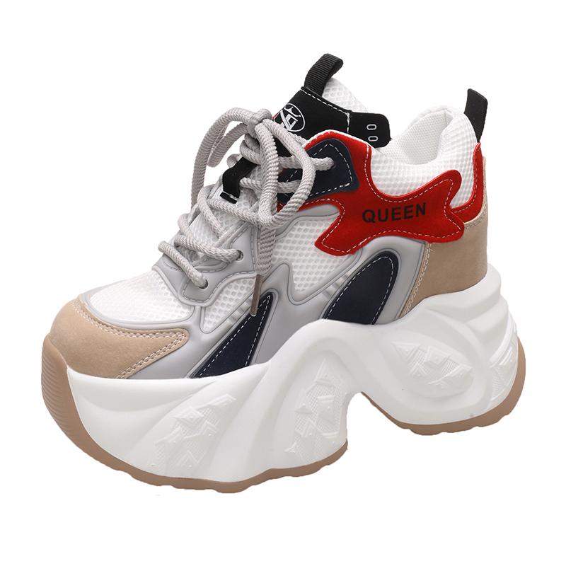 Mode 10CM Neu 2024 Frühling Damen Atmungsaktive Mesh Klobige Sneakers Hohe Plateau Freizeitschuhe Schnürschuhe Sommer Sport Lederschuhe Frau