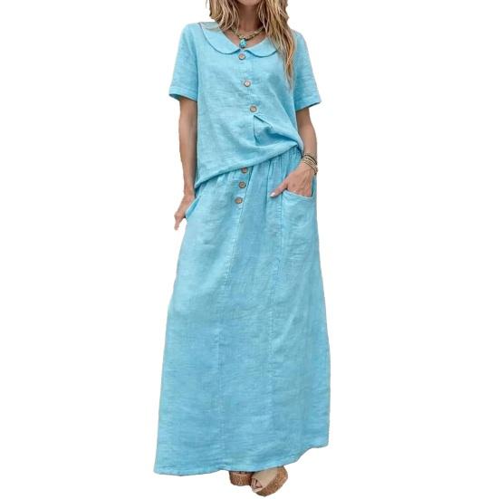 Women's 2 Piece Skirt Set Cotton Linen Short Sleeve Top And Maxi Skirt Matching Sets Summer Casual Vacation Outfits with Pockets