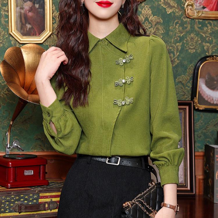New Chinese Women's Temperament Buttoned Polo Collar Top Early Spring Style Hong Kong Style Retro Shirt Feel Green Shirt
