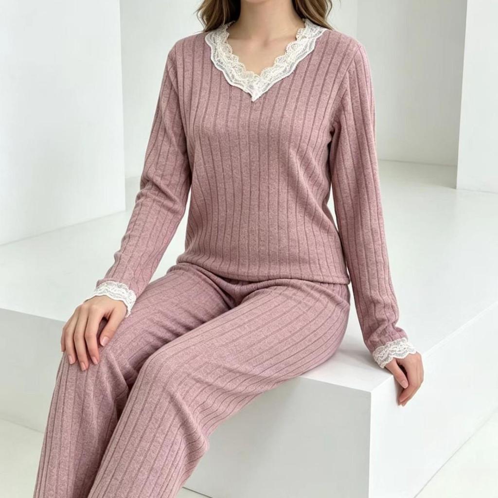 European & American V-Neck Lace Ribbed Women's Pajama Set - Fashionable, Casual Two-Piece Home Wear
