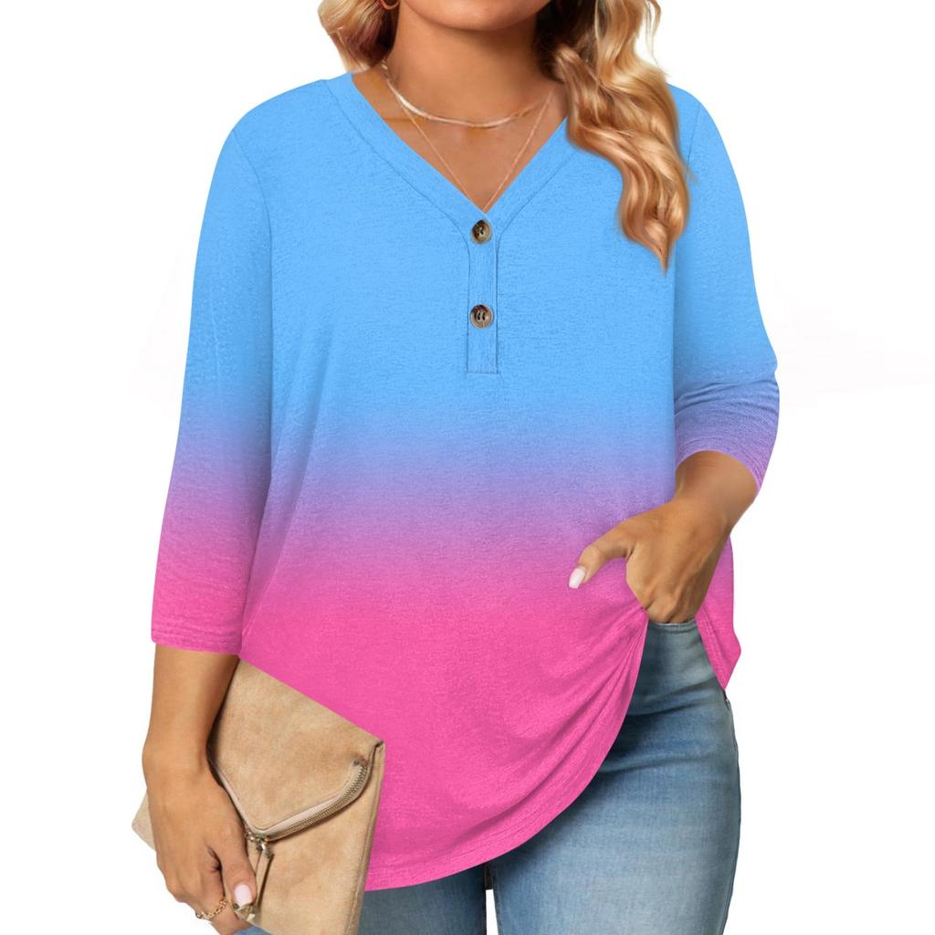 3/4 Length Sleeve Womens Tops Plus Size Button Down V Neck Shirts Blouses Casual Print Loose