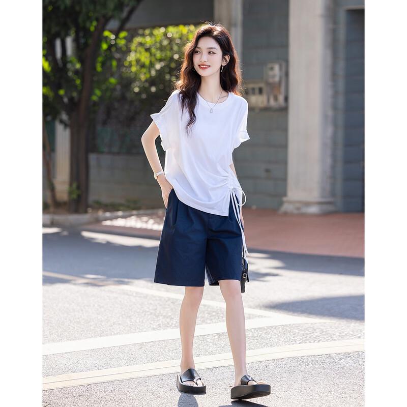 Women's Asymmetric Drawstring Pleated Cotton Spandex T-shirt