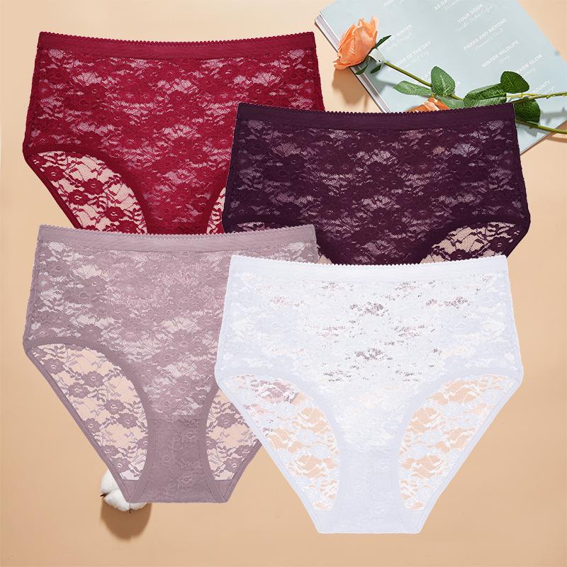 4 Stück Damen Spitzen-Slips Hohe Taille Sexy Unterwäsche Transparent Damen Unterhosen Enganliegend Übergröße Slips S-XXL