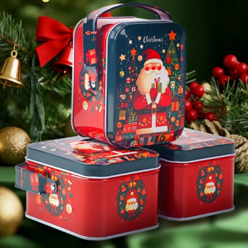 1 Pcs Christmas Gift Box With Handle Tinplate Candy Cookie Packaging Box Containers Kids  Year Gift Decor Xmas Party Supplies