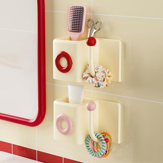 Wall-Mounted Storage Box with Hook No Drilling Wall Storage Container Bathroom Organizer for Toiletries Keys Hair Ties Combs